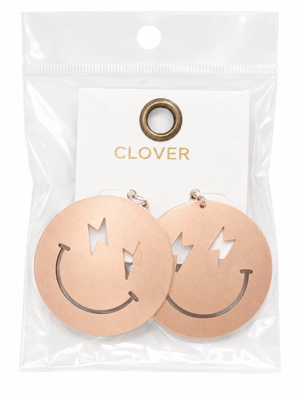 Clover Gold Tone Smiley Face Lightning Bolt Statement Earrings NWT